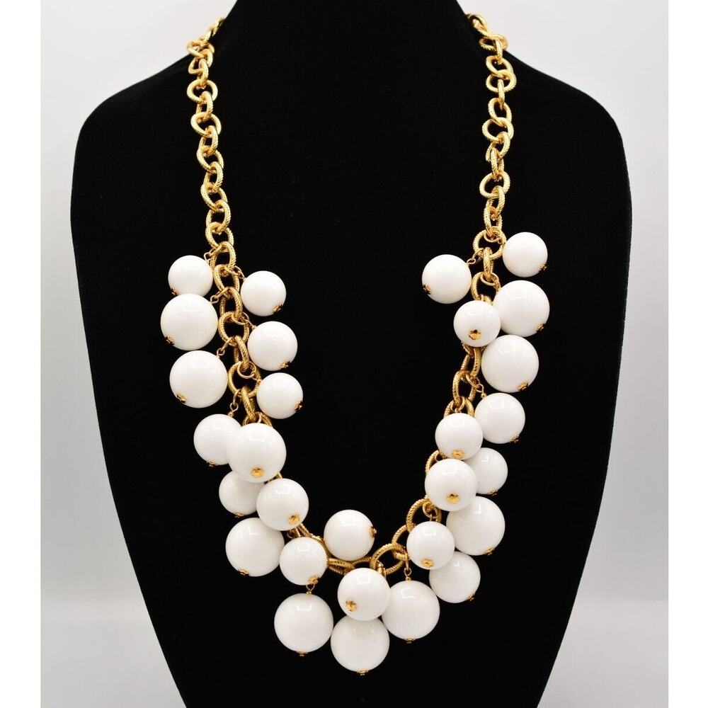 KJL Statement Necklace Heavy White Beaded Brushed Gold Chunky Chain Signed Bin3A